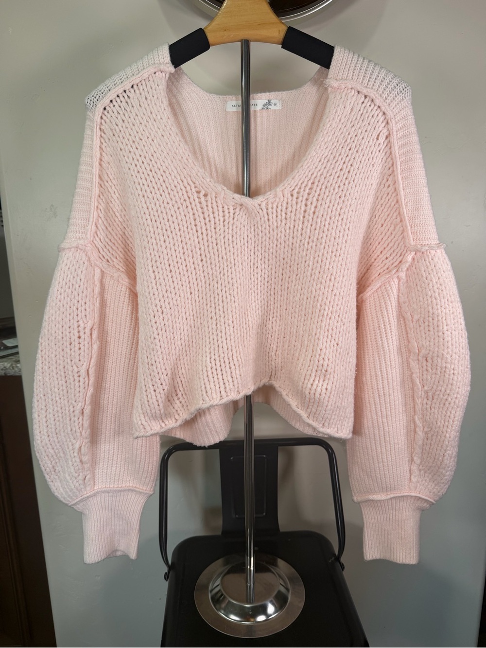 Altar’d state Women's Pink V-Neck Chunky Knit Sweater #135